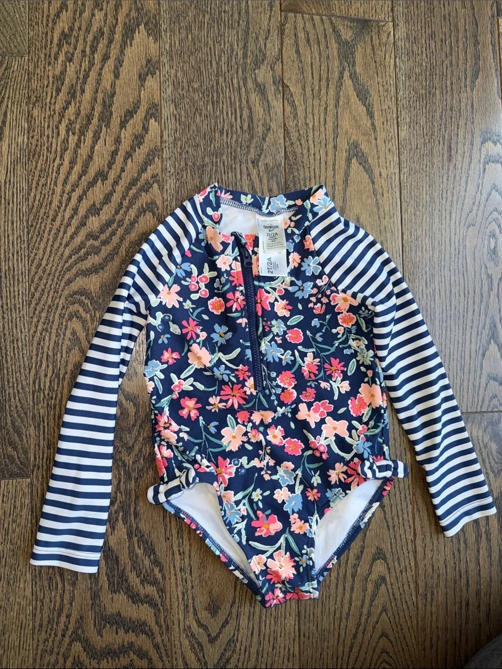 OshKosh B'gosh Navy Floral Long-Sleeve One-Piece Swimsuit with Striped Sleeves 2